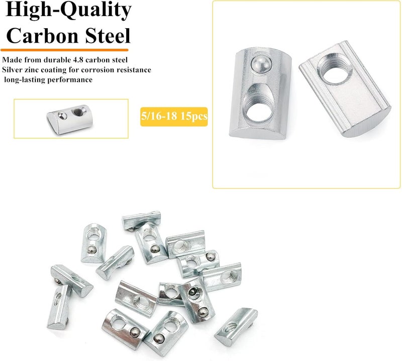 Matrelt 15-Piece 5/16"-18 Spring-Loaded T-Nuts with Ball Bearings Silver Zinc Plated Carbon Steel Spring T Slot Nut for 4040 Series/Slot 8 Aluminum Extrusions - Image 3